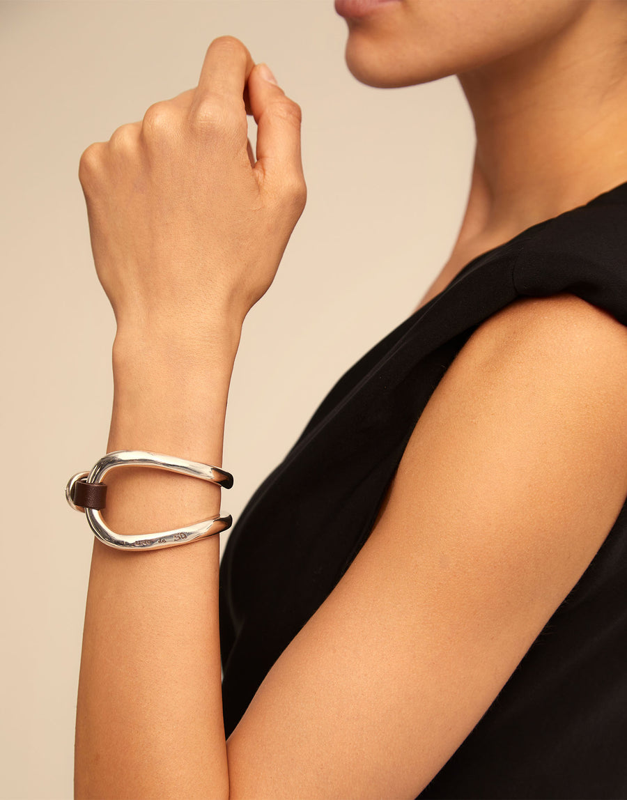 Silver Plated & Leather Wide Open Cuff Bangle