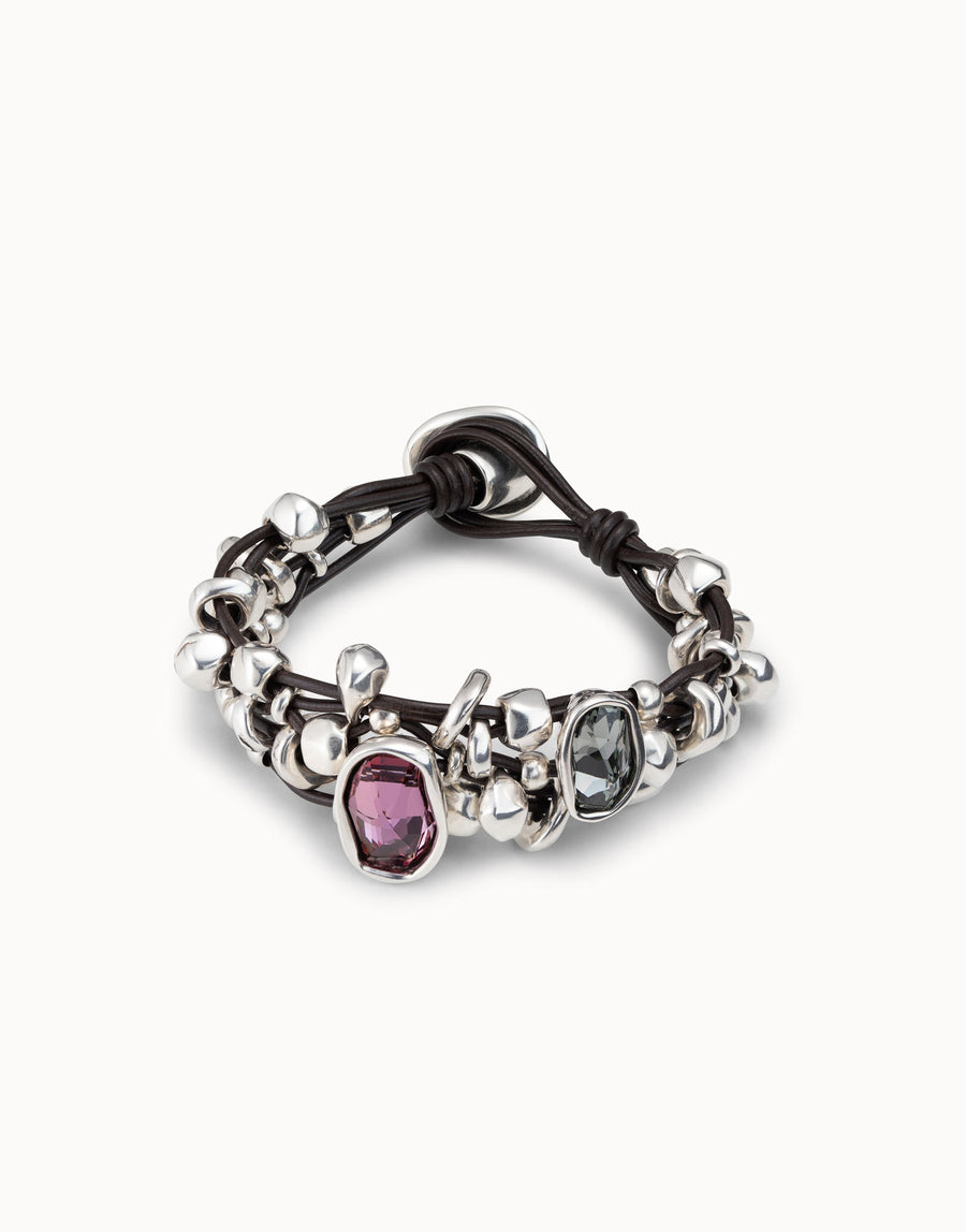 Silver Plated & Leather Beaded Crystal Bracelet