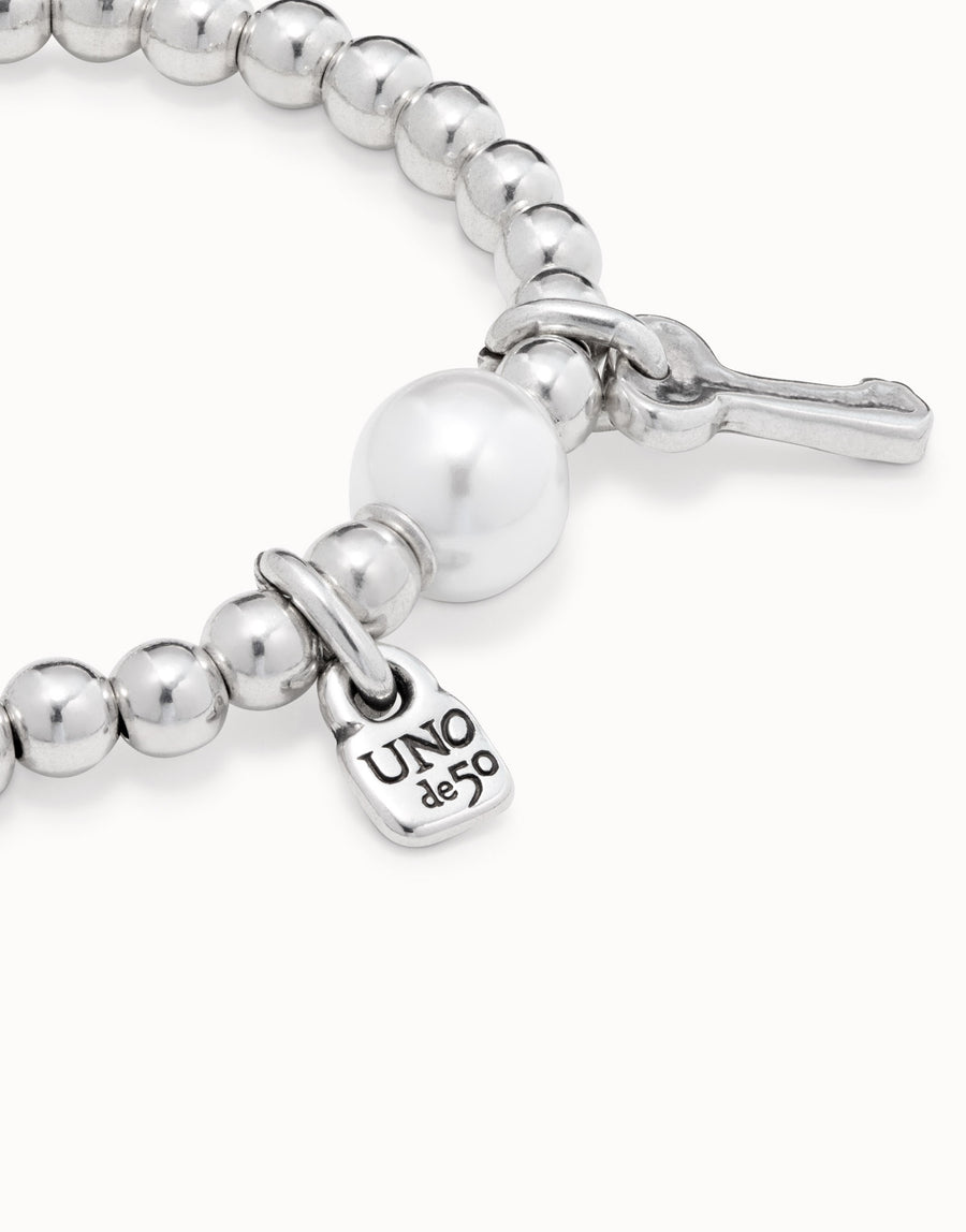 Silver Plated Lock and Key Beaded Pearl Bracelet