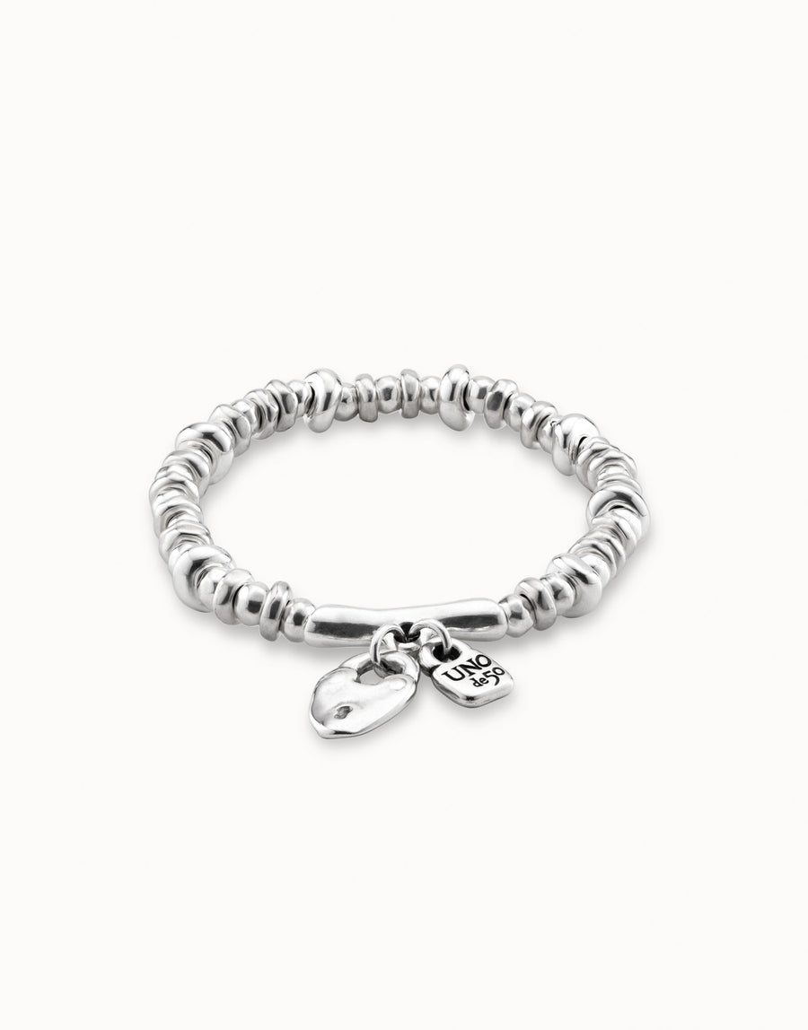Silver Plated Heart and Lock Beaded Bracelet