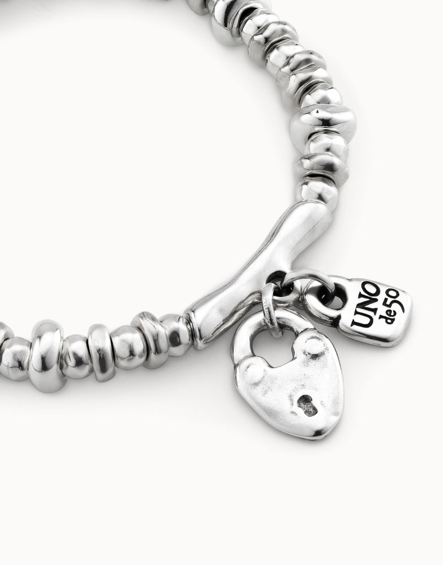 Silver Plated Heart and Lock Beaded Bracelet