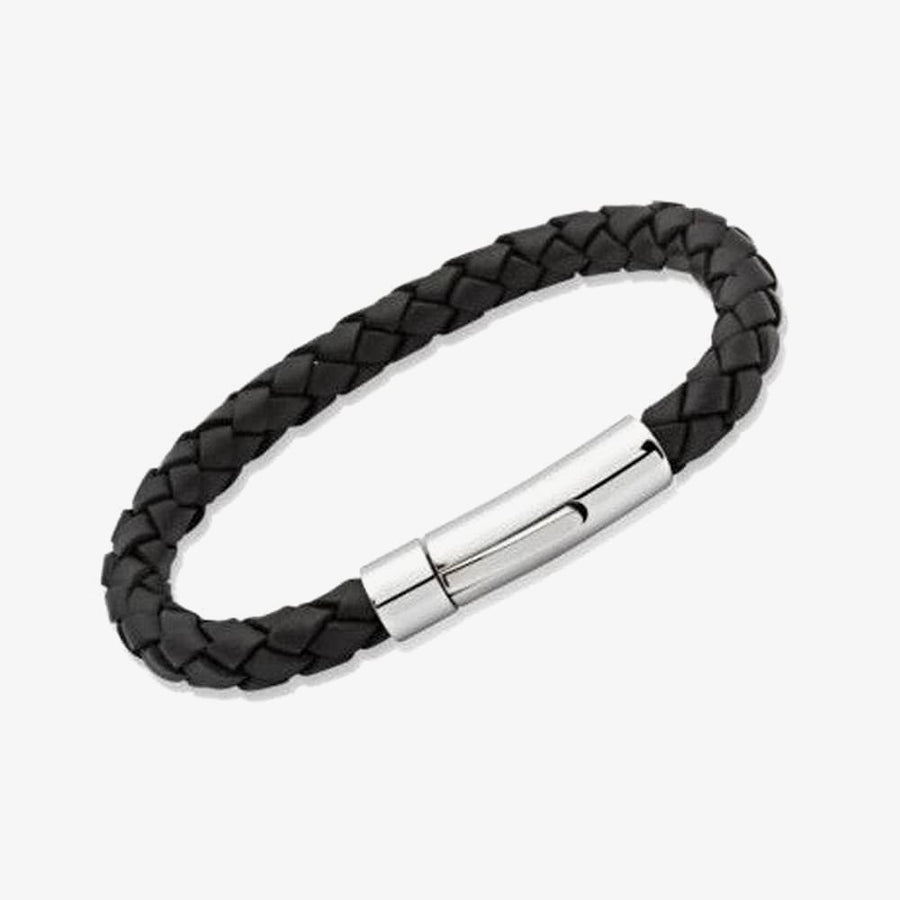 Unique Black Woven Leather & Steel Bracelet 19cm