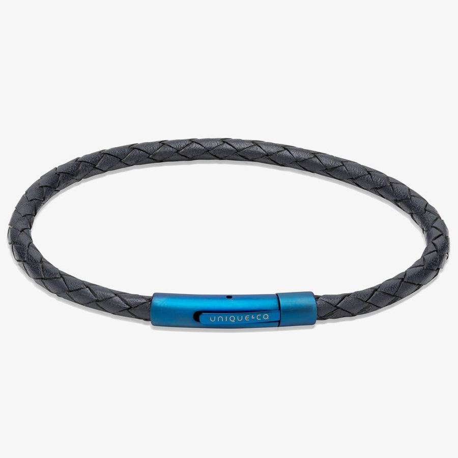 Unique Navy Blue Slim Leather & Blue IP Steel Clasp Bracelet