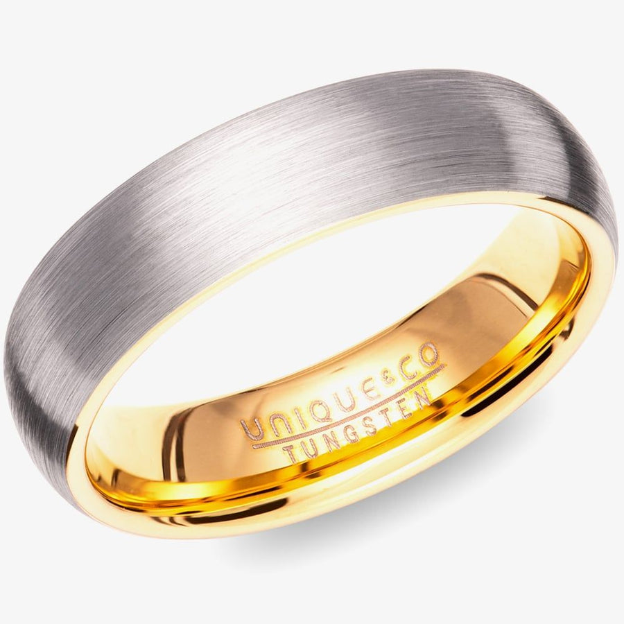 Unique 6mm Brushed Tungsten & Gold Plate Inside Ring