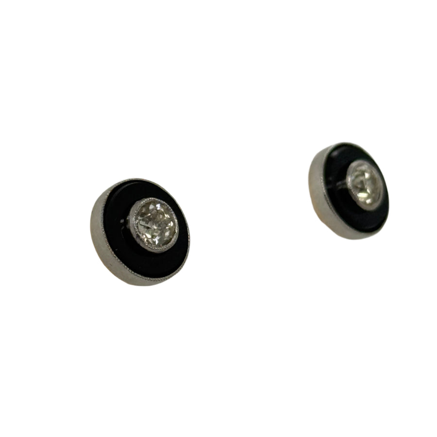 Previously Owned 9/18ct Old Cut 0.20ct Diamond & Onyx Stud Earrings