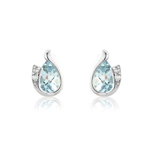 9ct White Gold Pear Cut Aquamarine & Diamond Curl Stud Earrings