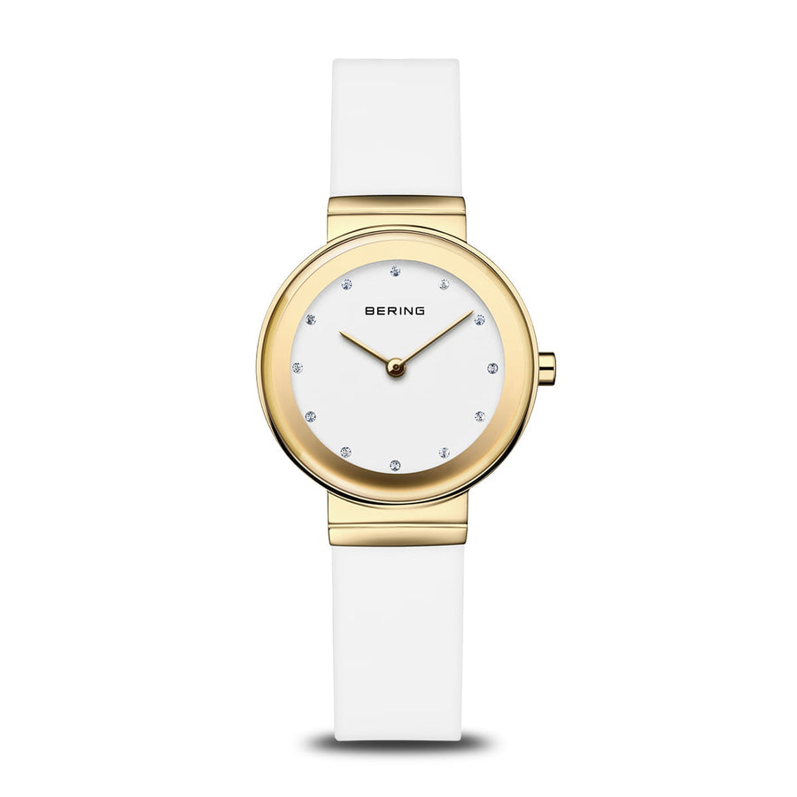 Bering Gold Ladies CZ White Dial & Silicone Strap Watch