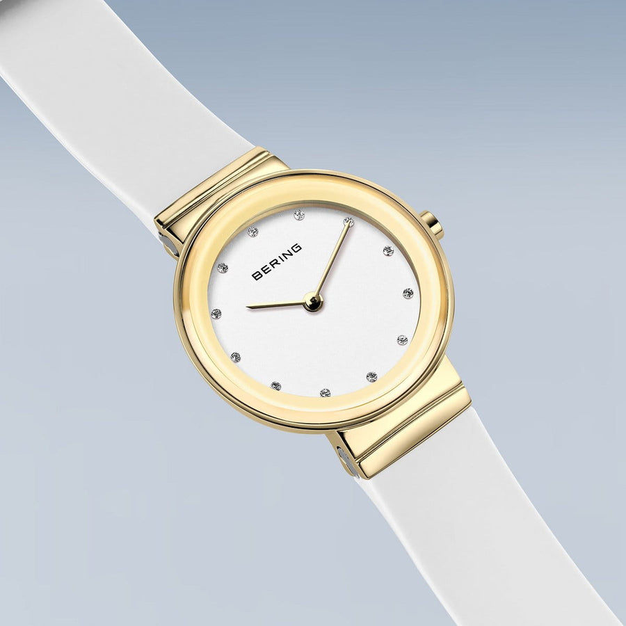 Bering Gold Ladies CZ White Dial & Silicone Strap Watch
