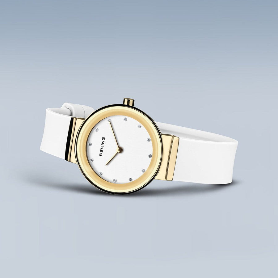 Bering Gold Ladies CZ White Dial & Silicone Strap Watch