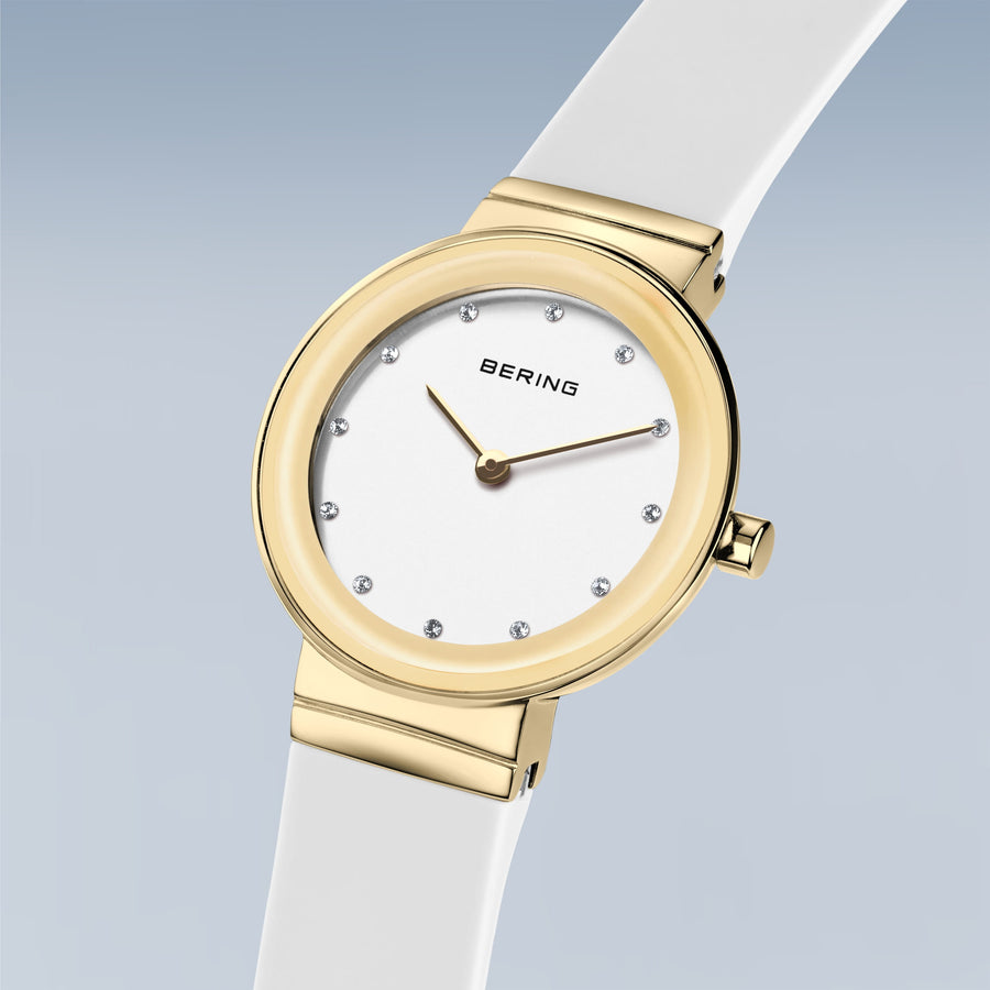 Bering Gold Ladies CZ White Dial & Silicone Strap Watch