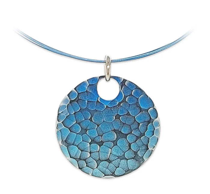 Titanium Blue Hammered Circle Pendant & Wire Chain 16"
