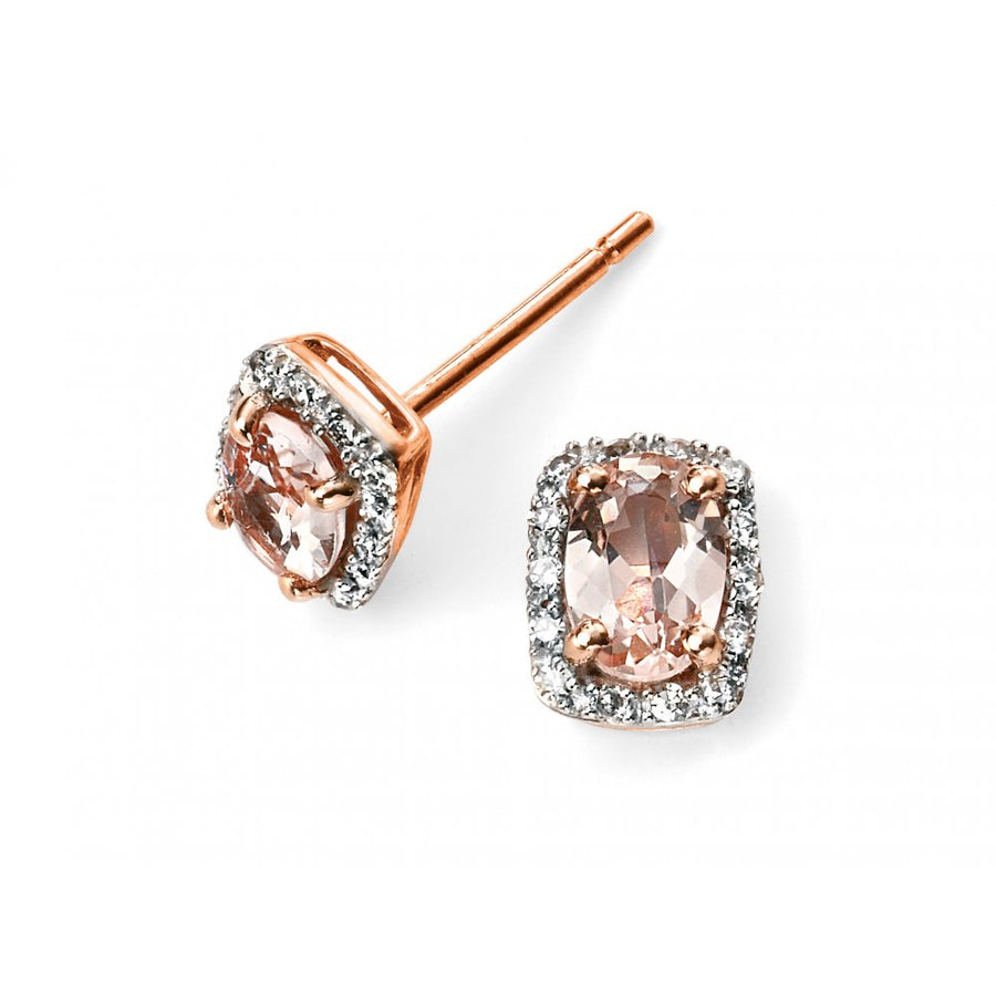 9ct Rose Gold Morganite and Diamond Cluster Stud Earrings