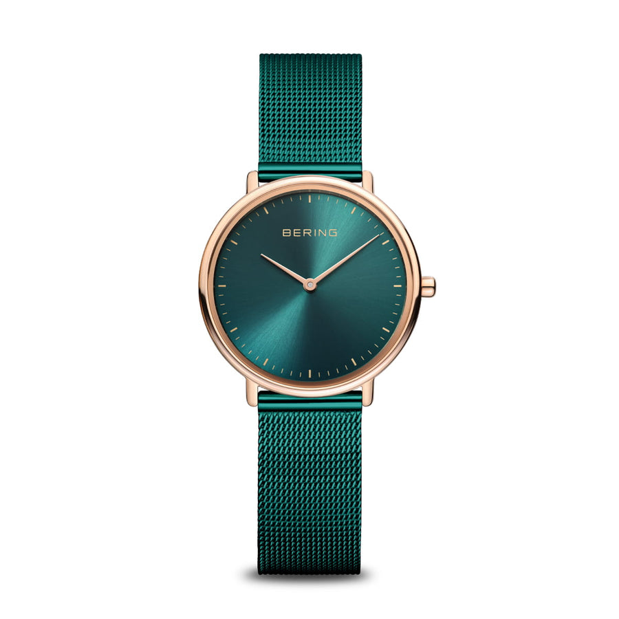 Bering Ladies Ultra Slim Rose Gold Green Mesh Watch – Bensons of