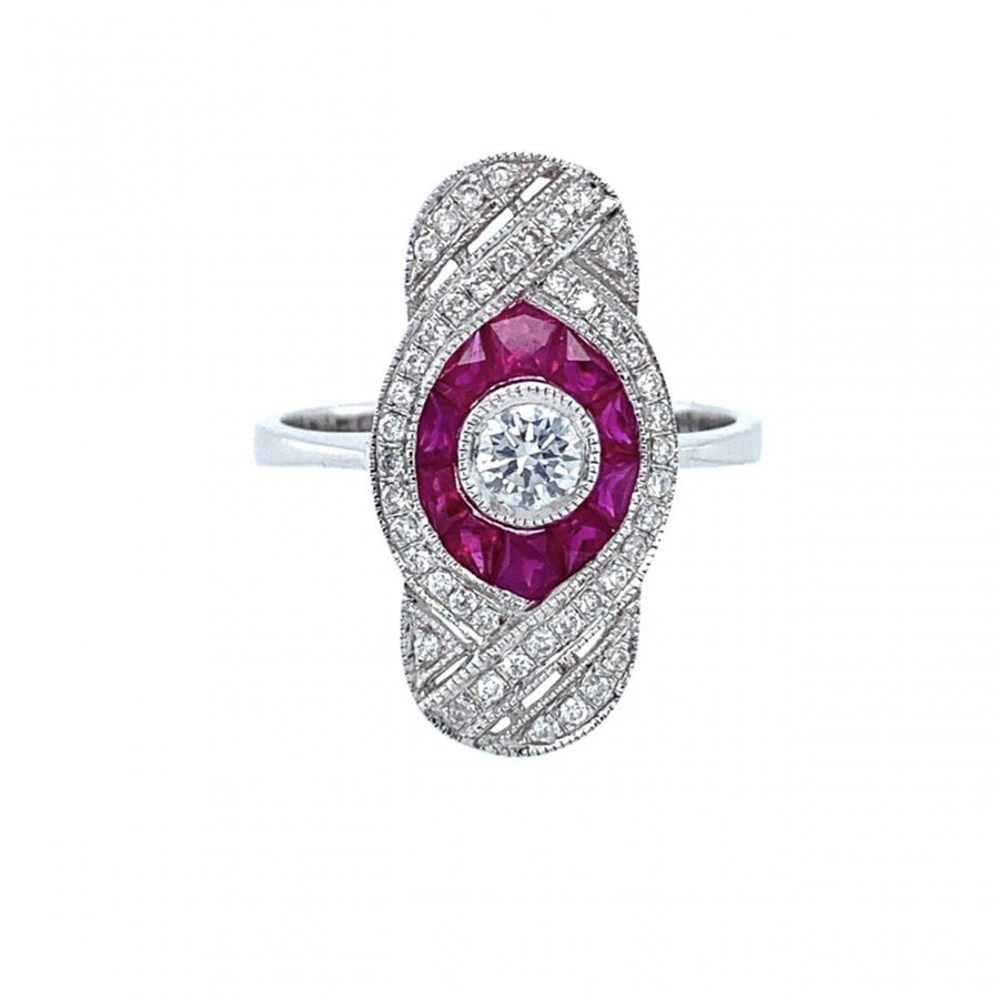 18ct White Gold Ruby & Diamond Art Deco Style Cluster Ring
