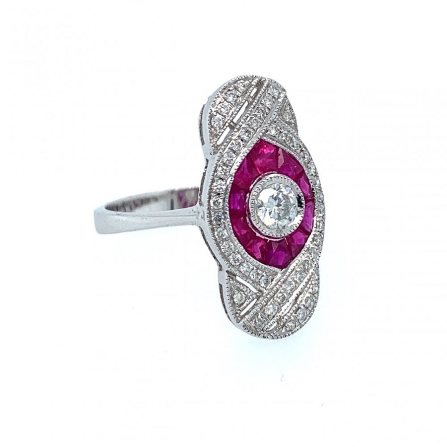 18ct White Gold Ruby & Diamond Art Deco Style Cluster Ring