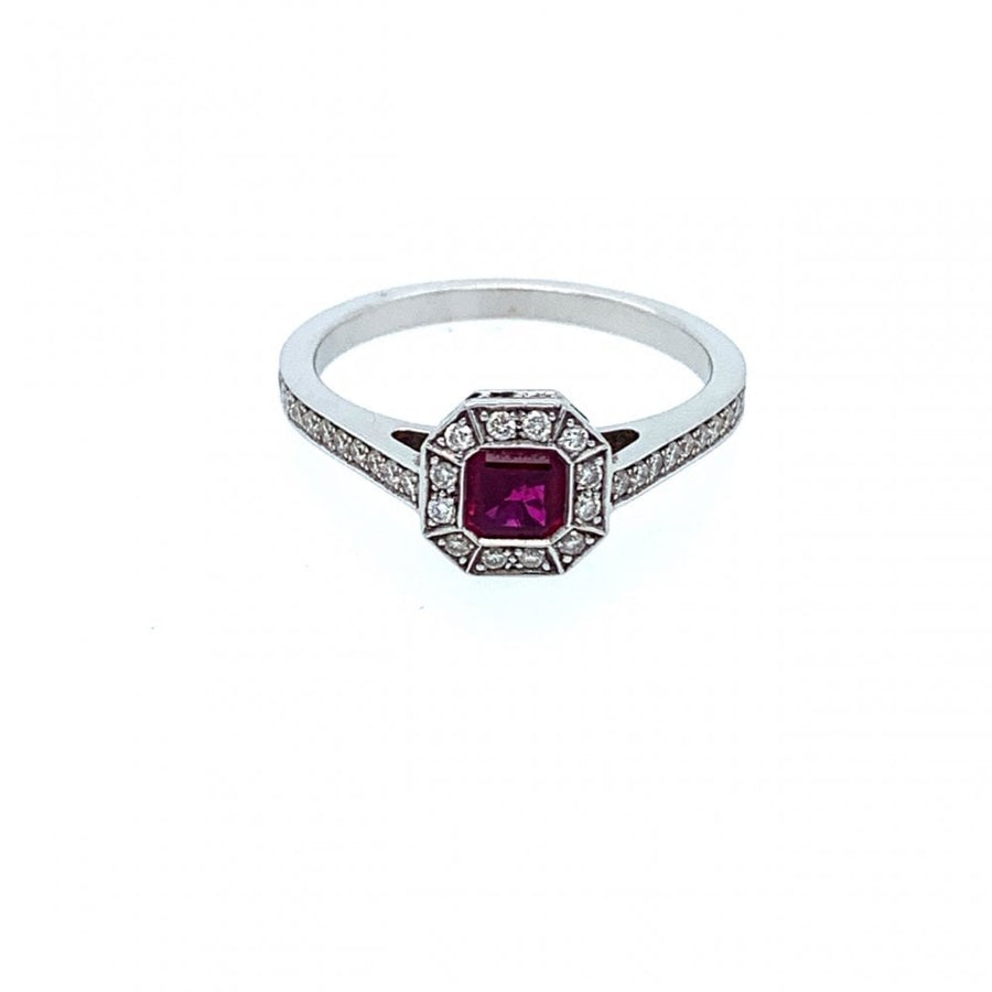 18ct White Gold Asscher Cut Ruby & Diamond Cluster Ring