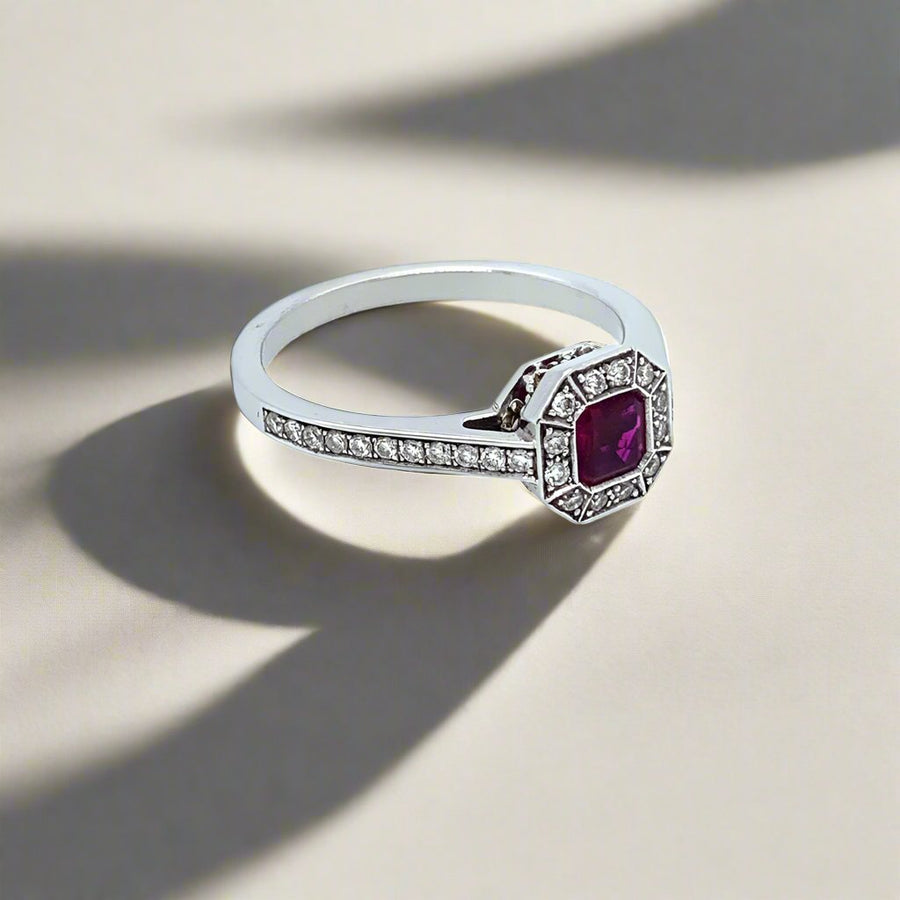 18ct White Gold Asscher Cut Ruby & Diamond Cluster Ring