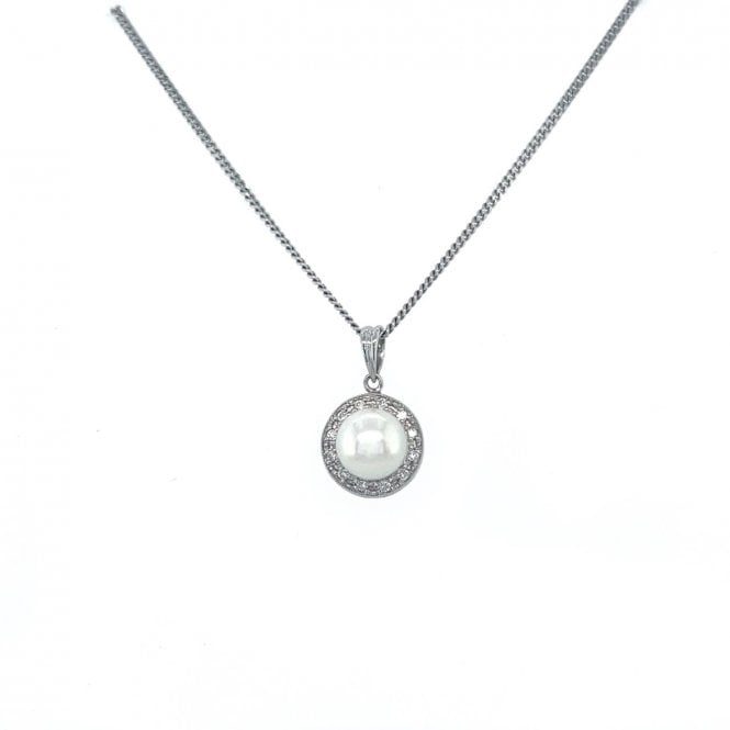 Previously Owned 18ct White Gold Pearl & Diamond Cluster Pendant & Chain