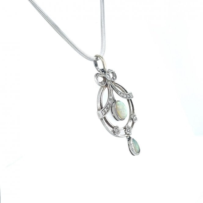 Previously Owned 9ct White Gold Opal & Diamond Detailed Pendant and Chain