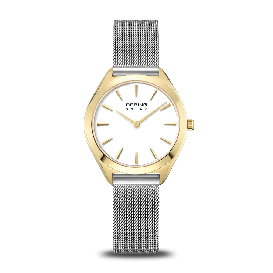 Bering Ladies Steel & Gold Plated Solar Mesh Bracelet Watch