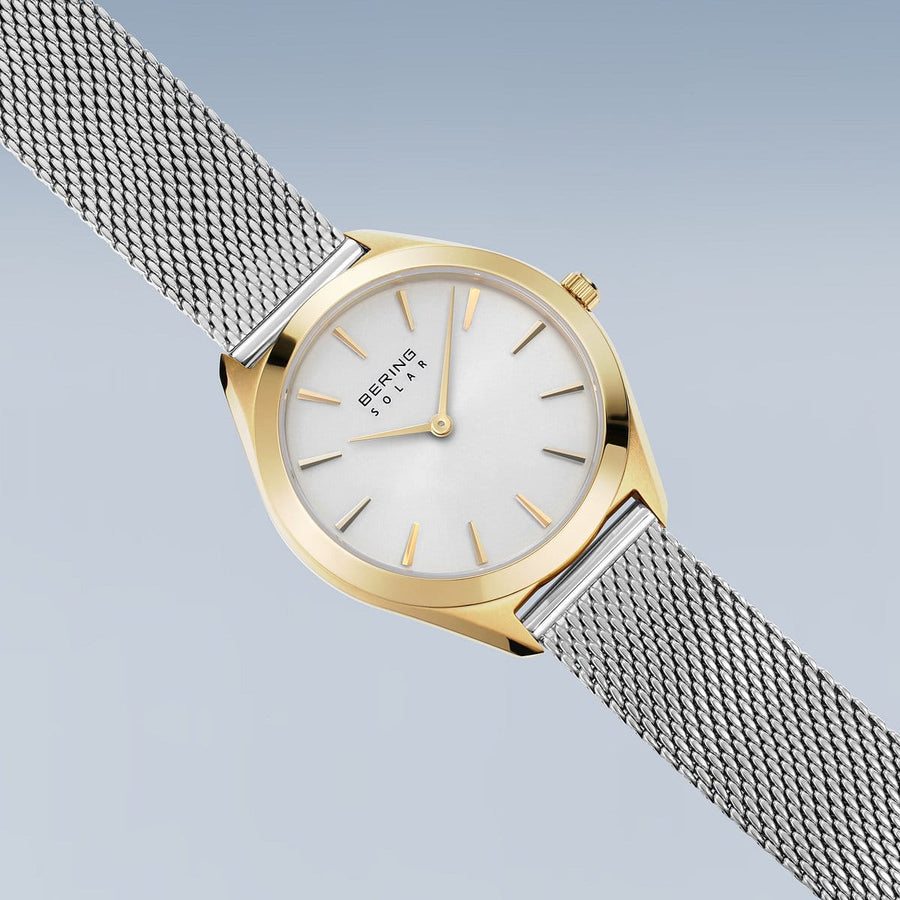 Bering Ladies Steel & Gold Plated Solar Mesh Bracelet Watch