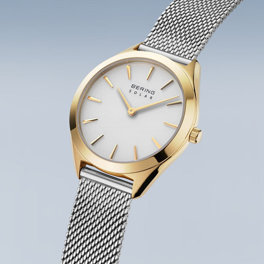 Bering Ladies Steel & Gold Plated Solar Mesh Bracelet Watch