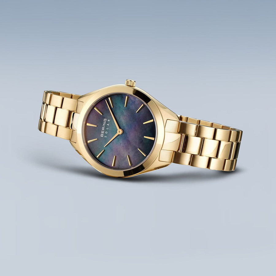Bering Gold Plated Ladies Dark Mother-of-Pearl Dial Solar Watch