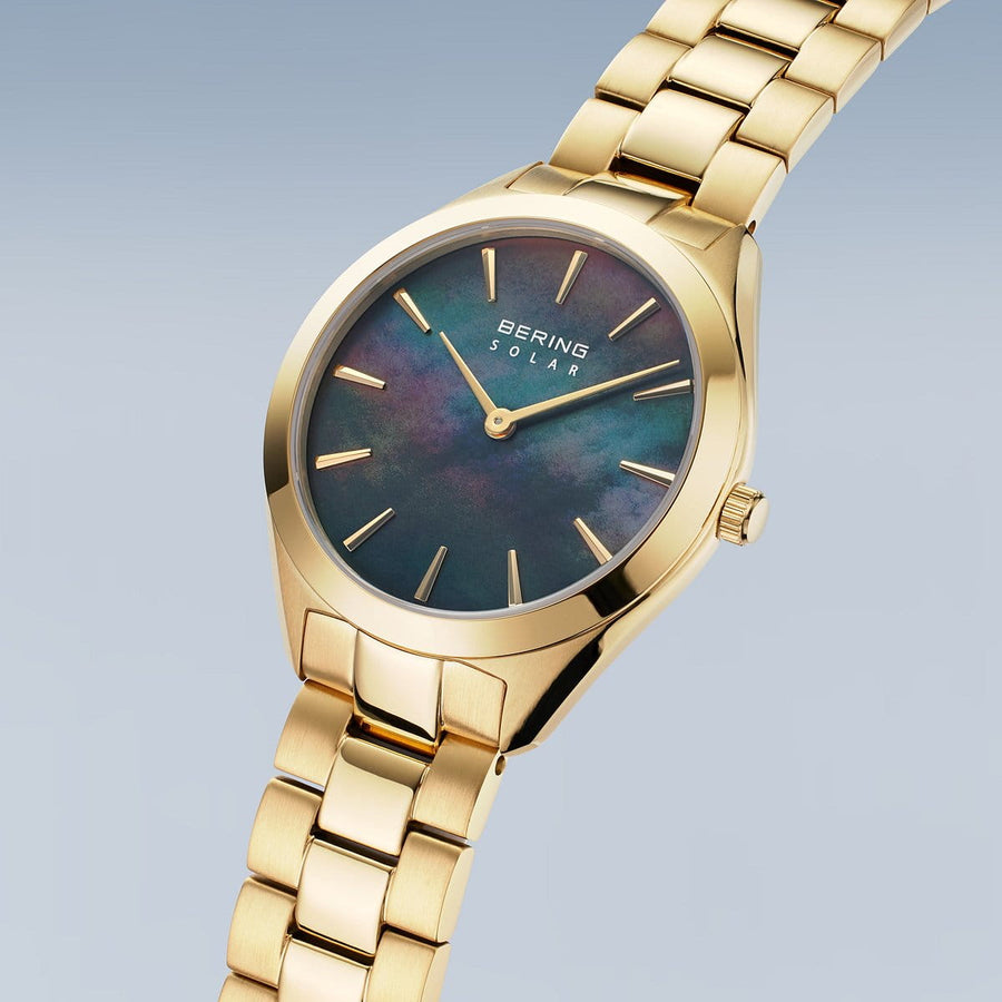 Bering Gold Plated Ladies Dark Mother-of-Pearl Dial Solar Watch