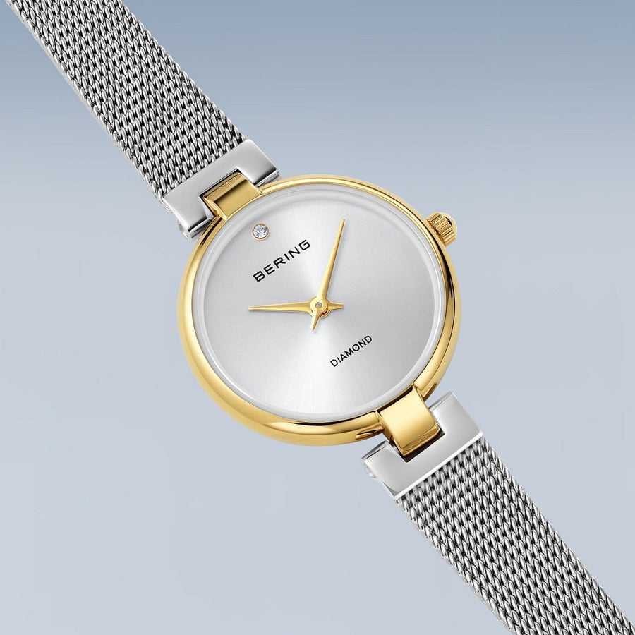 Bering Ladies Small Two-Tone Diamond Set Mesh Bracelet Watch