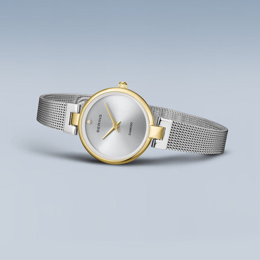 Bering Ladies Small Two-Tone Diamond Set Mesh Bracelet Watch