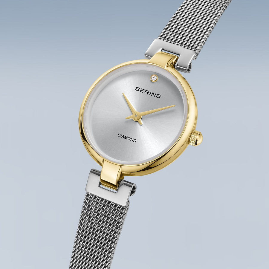 Bering Ladies Small Two-Tone Diamond Set Mesh Bracelet Watch