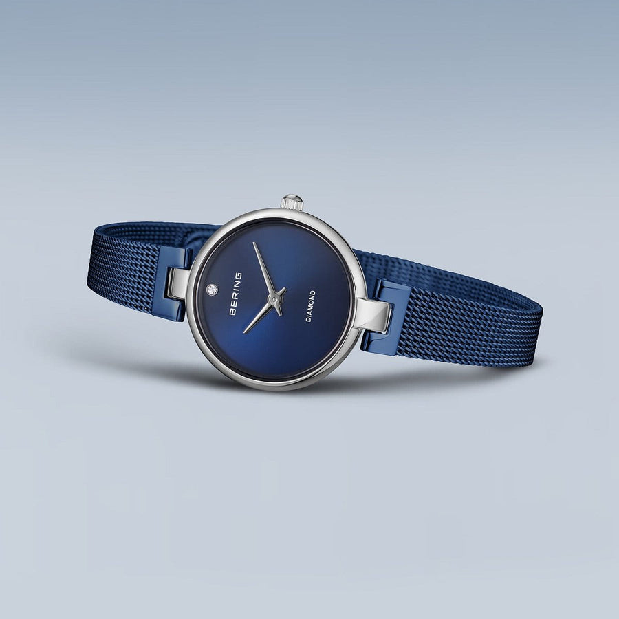Bering Steel Ladies Diamond Navy Dial & Mesh Strap Watch