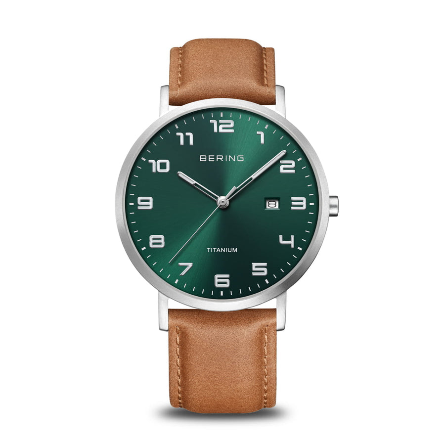 Bering Gents Titanium Green Dial & Tan Leather Strap Watch