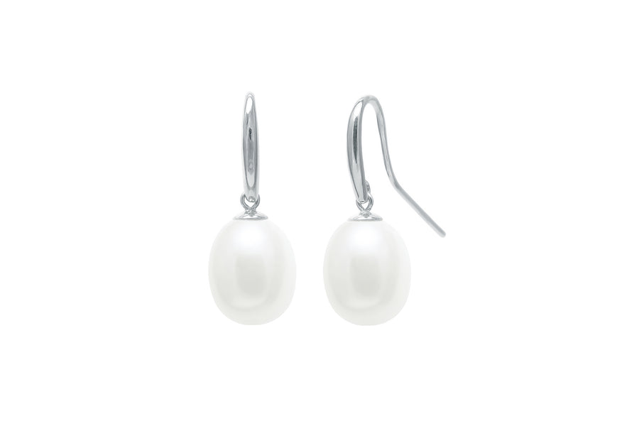 Sterling Silver White 9-10mm Teardrop Freshwater Pearl Drop Earrings