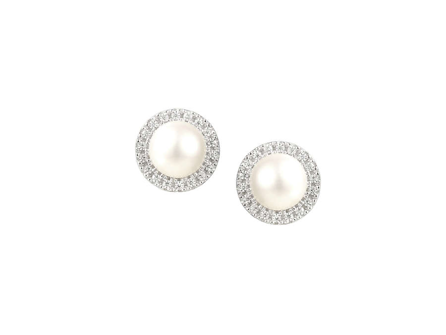 Amore Argento Sterling Silver White Freshwater Pearl & CZ Stud Earrings