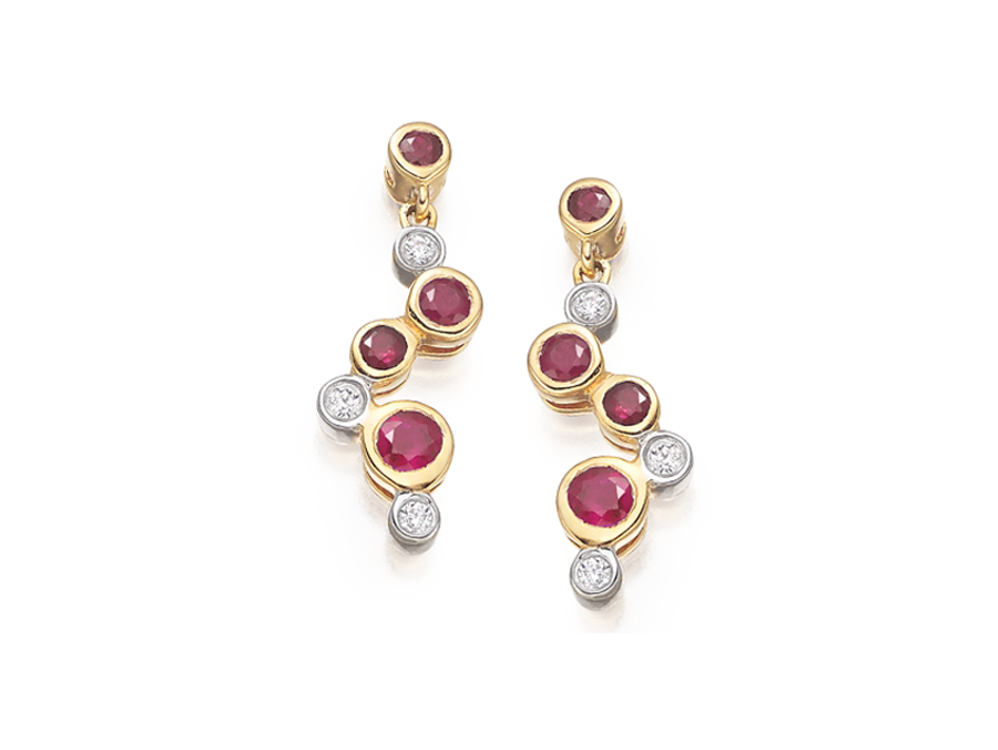 9ct Yellow Gold Ruby & Diamond Bubble Drop Earrings