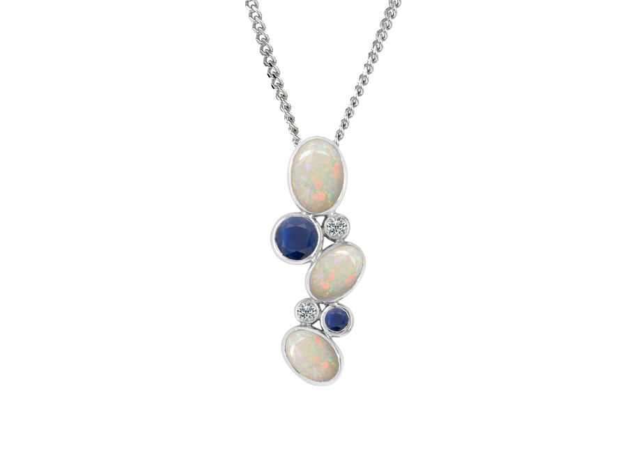9ct White Gold Opal, Sapphire and Diamond Necklace