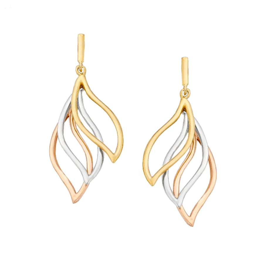 9ct Yellow, White & Rose Gold Open Leaf Drop Earrings