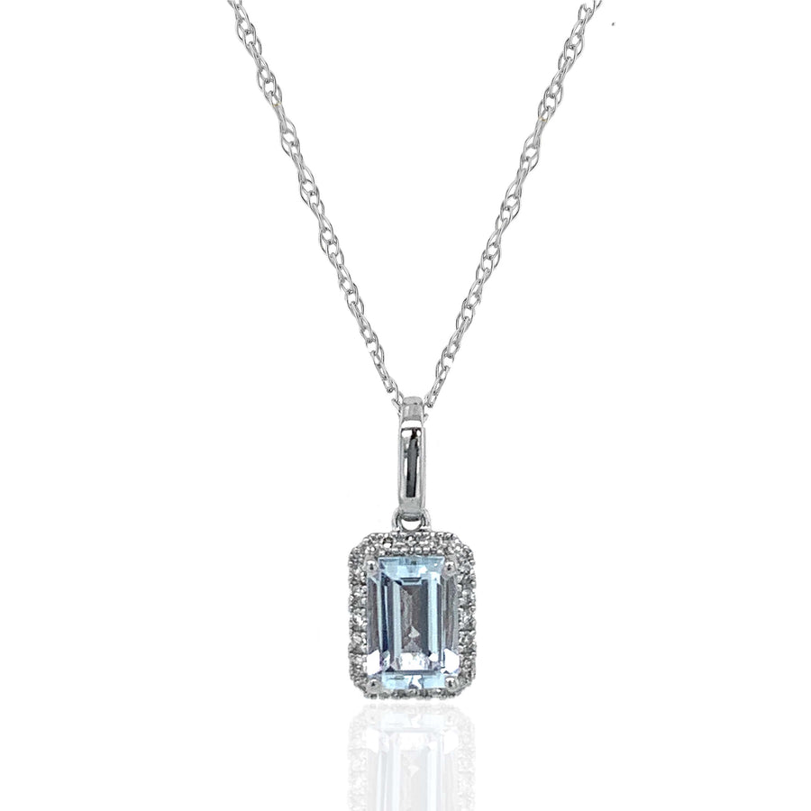 9ct White Gold Aquamarine and Diamond Pendant and Chain