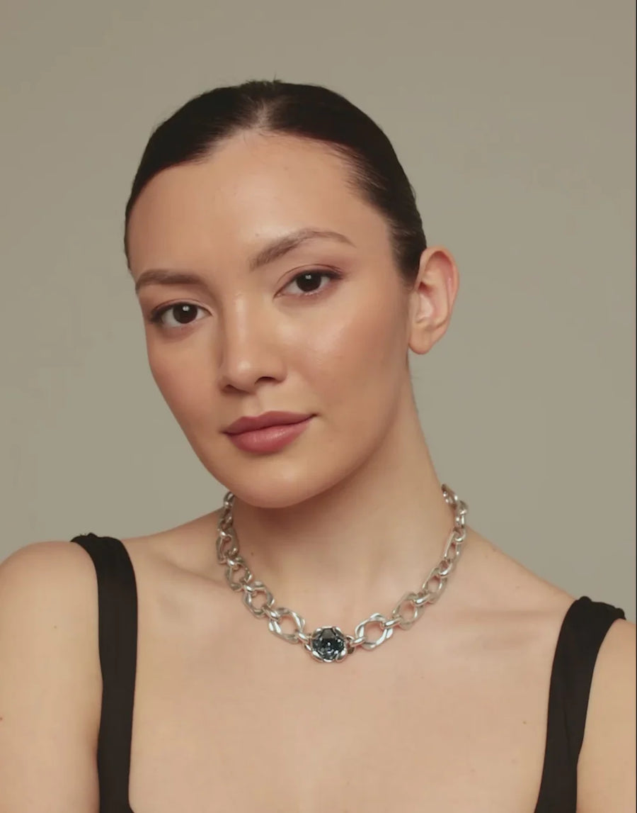 Silver Plated Chunky Link Necklace & Blue Crystal Necklace
