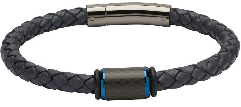 Unique Navy Leather Woven Bracelet & Carbon Fibre Charm