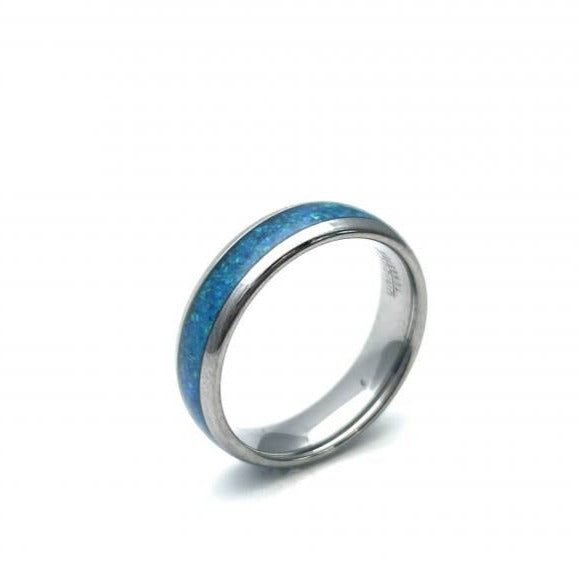Unique Tungsten 6mm Blue Synthetic Opal Inlay Ring