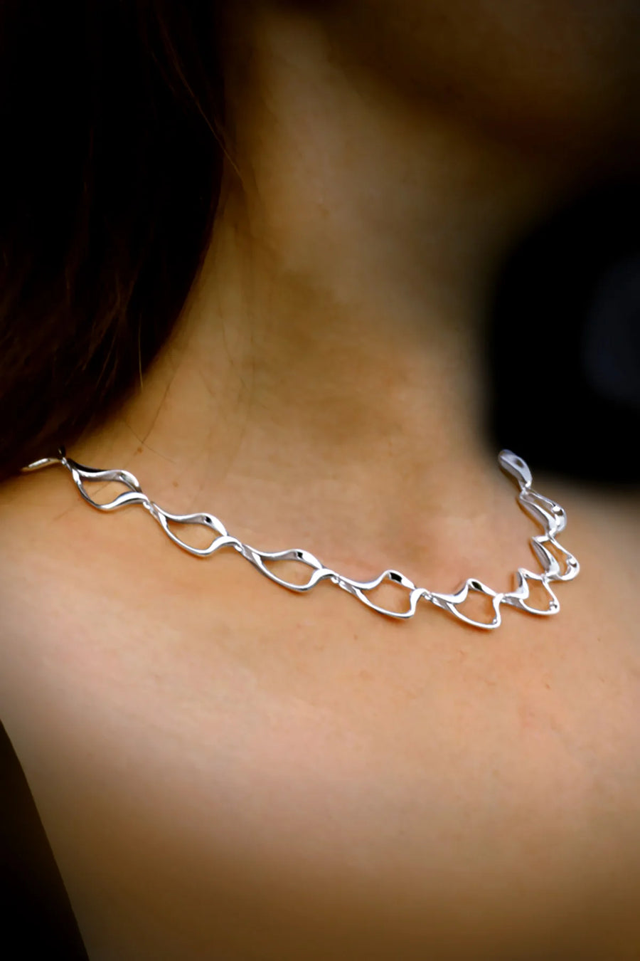 Nina Breddal Sterling Silver Open Wave Link Collar Necklace