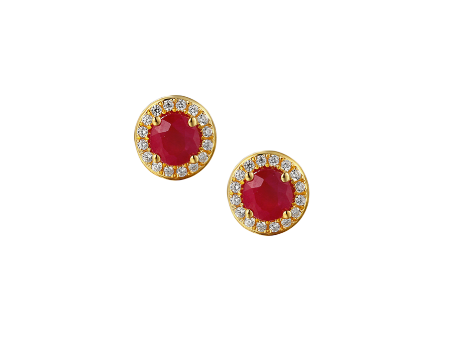 9ct Yellow Gold Ruby & Diamond Cluster Stud Earrings