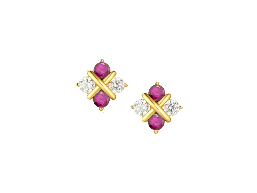 9ct Yellow Gold Ruby and Diamond Square Stud Earrings