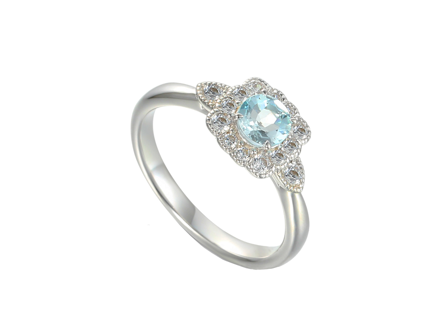 9ct White Gold Aquamarine & Diamond Cluster Ring