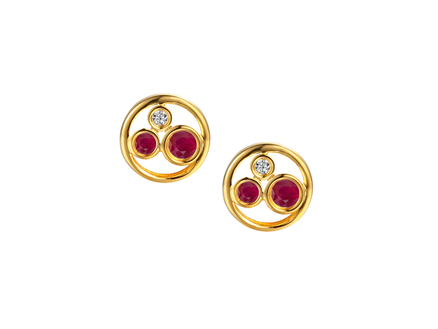 9ct Yellow Gold Ruby and Diamond Bubble Stud Earrings