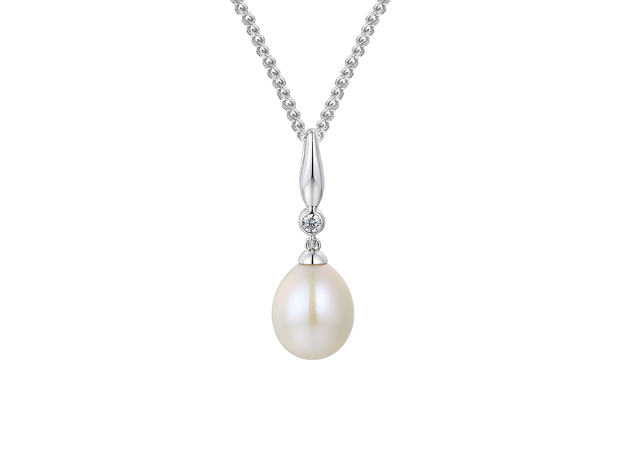 Amore Argento Silver Freshwater White Pearl & CZ Pendant & Chain