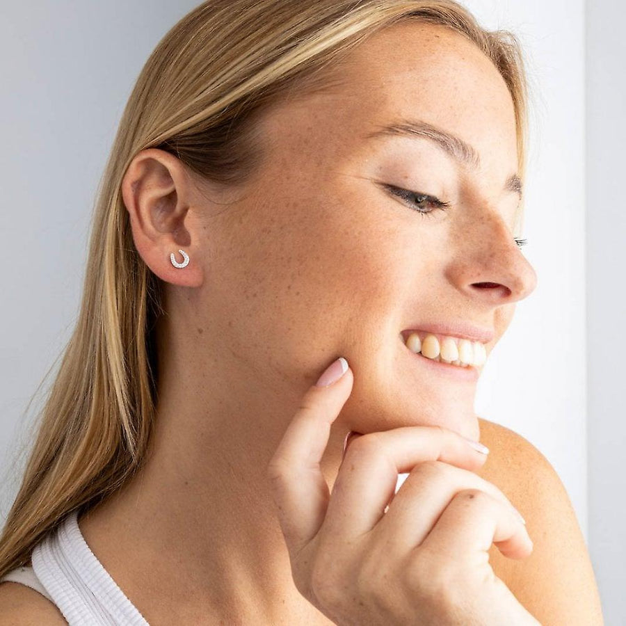 Sterling Silver CZ Pave Horseshoe Stud Earrings