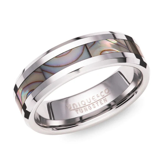 Unique Gents Tungsten 7mm Abalone Shell Inlay Ring